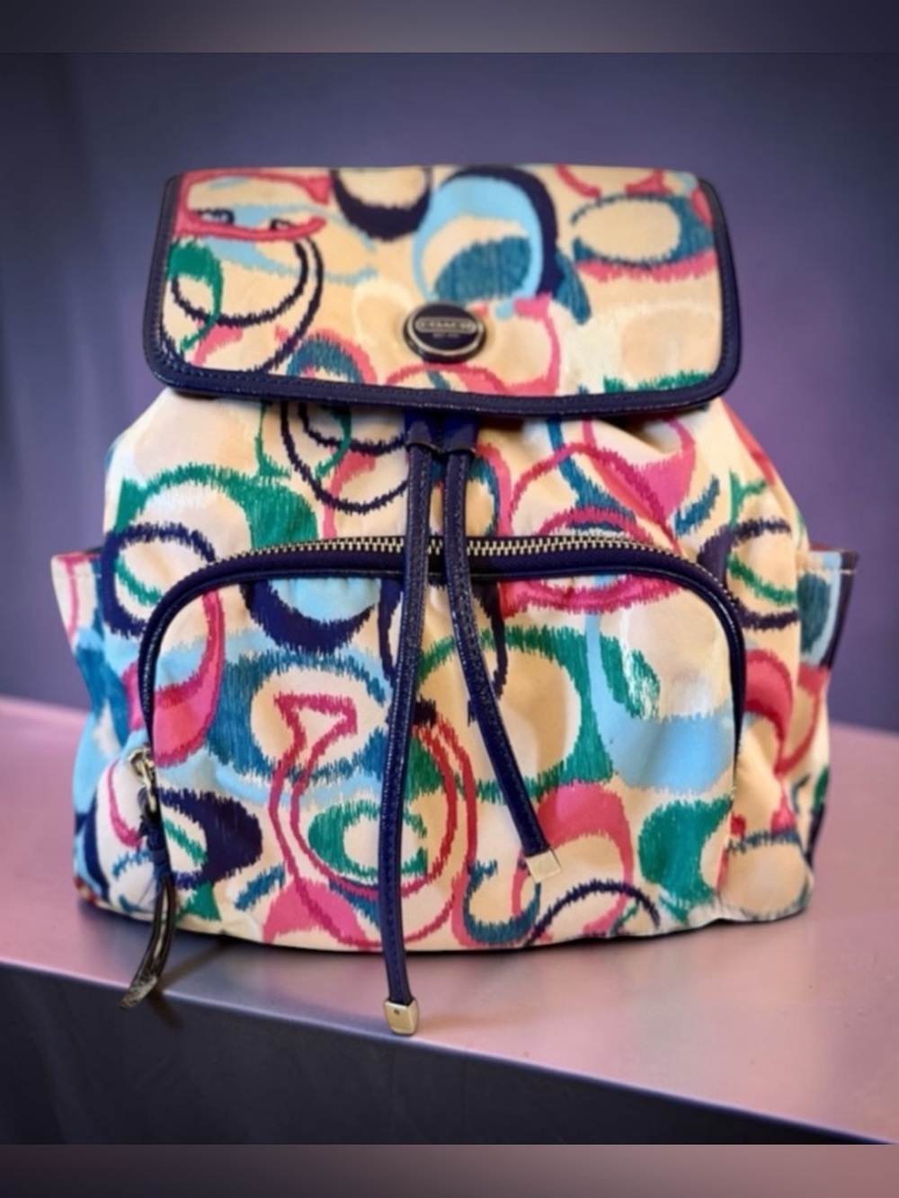 Coach Poppy Ikat signature Multicolor Canvas Drawstring Backpack with Navy Trim